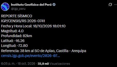 Sismos en Perú HOY EN VIVO: últimos reportes del IGP, magnitudes y zonas del epicentro. Captura: IGP.