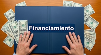 Manos masculinas sobre una carpeta azul con 'Financiamiento'. Billetes de 100, 50 y 20 dólares estadounidenses sobresalen por los lados, sobre una mesa de madera.