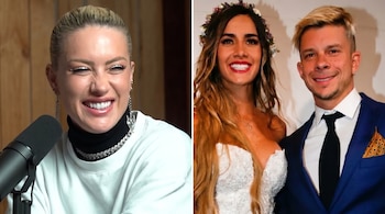 Collage de Leslie Shaw, a la izquierda, sonriendo con un micrófono; y a la derecha, Paloma Fiuza con corona floral y Mario Hart en traje, sonriendo.