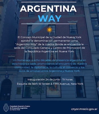 Fachada de edificio con texto que anuncia 'Argentina Way', la inauguración y detalles del Consulado General y Centro de Promoción Argentino
