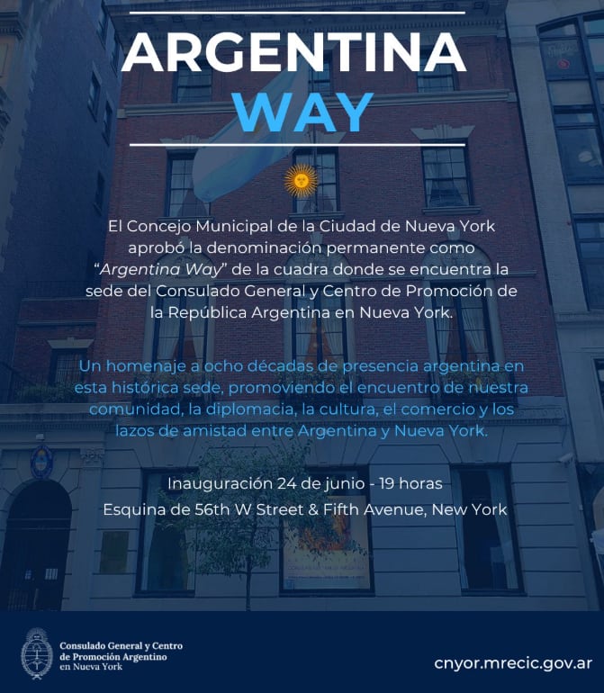 El Consulado argentino en Nueva York señaló que la distinción también reconoce generaciones de vínculos por la diplomacia, la cultura, el comercio y las inversiones (Consulado General Argentino en NY)