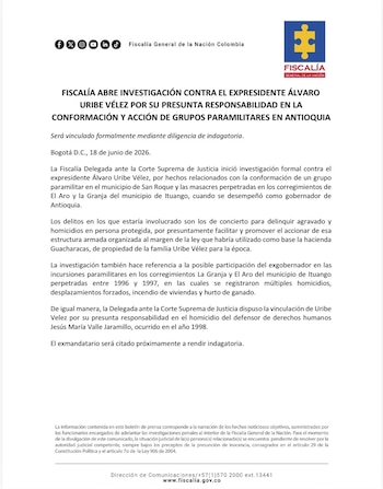 Fiscalía formalizó una investigación contra el expresidente Álvaro Uribe Vélez por hechos relacionados con las masacres de El Aro y La Granja - crédito @FiscaliaCol/X