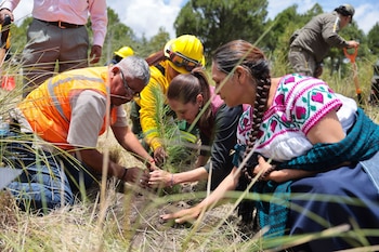 SAN NICOLÁS DE LOS RANCHOS, 09AGOSTO2026.- Claudia Sheinbaum Pardo, Presidenta de México, encabezó la Jornada Nacional de Reforestación, que se llevó a cabo en las inmediaciones del Volcán Popocatépetl. Estuvo acompañada por Alicia Bárcenas, titular de Semarnat, elementos del Ejército, Marina y Conafor. FOTO: PRESIDENCIA/CUARTOSCURO.COM
