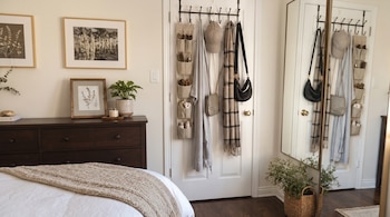 Una cómoda con plantas y cuadros junto a una puerta blanca con perchero, ropa colgada y un espejo de cuerpo entero.