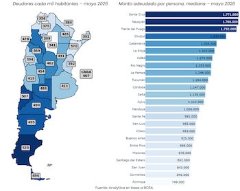 Diagrama con un mapa de Argentina mostrando deudores por provincia y un gráfico de barras con el monto adeudado por persona en cada provincia, con fuente