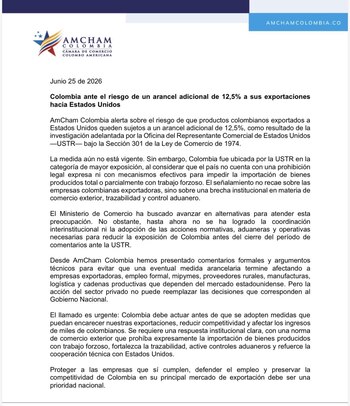 AmCham Colombia dice que no es una sanción vigente, pero sí una alerta seria: el plazo clave vence el 6 de julio - crédito AmCham Colombia