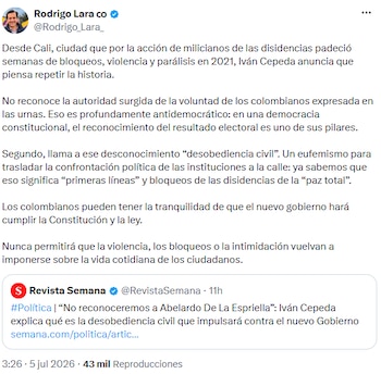 Rodrigo Lara arremetió contra Iván Cepeda por no reconocer su derrota electoral - crédito @Rodrigo_Lara_/X