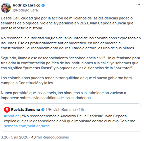 Rodrigo Lara arremetió contra Iván Cepeda por no reconocer su derrota electoral - crédito @Rodrigo_Lara_/X