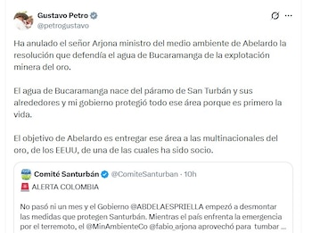 Petro sostuvo que la decisión del actual Gobierno tendría como propósito facilitar proyectos de minería de oro con participación extranjera - crédito @petrogustavo/X