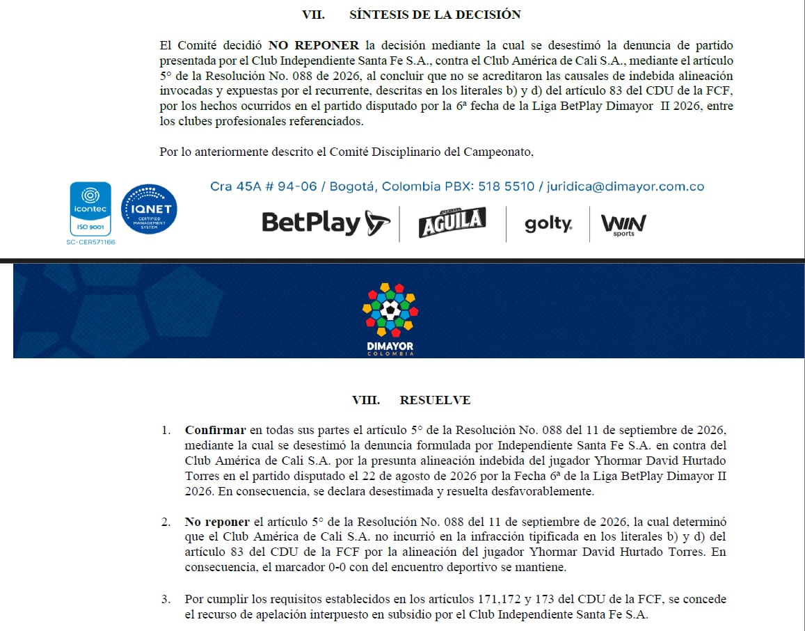 Las decisiones mantuvieron los resultados obtenidos por América de Cali ante Alianza y Santa Fe en la Liga BetPlay II 2026-crédito Dimayor