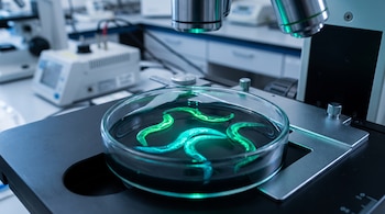 Placa de Petri con varios gusanos fluorescentes de color verde y cian sobre la platina metálica de un microscopio en un laboratorio.