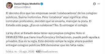 Uno de los principales cuestionamientos de Daniel Rojas está relacionado con la Ley 715 de 2001 y las condiciones establecidas para recurrir a operadores privados en la prestación del servicio educativo - crédto @DanielRMed/X