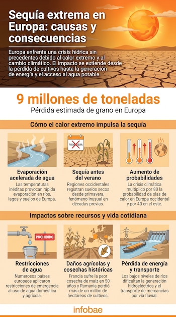 Infografía sobre sequía extrema en Europa con título, suelo agrietado, sol, un río seco, planta marchita, termómetros, grifo, mapa de Europa y embarcación.