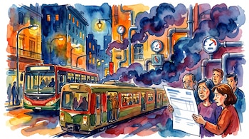 Pintura acuarela de una escena urbana con un autobús y un tren. A la derecha, personas preocupadas leen una factura mientras tuberías con medidores muestran altos costos.