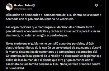 El presidente Petro ordenó bombardeo contra el ELN en Catatumbo - crédito @petrogustavo / X