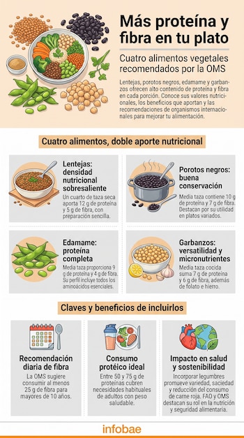 Infografía con un bowl de alimentos vegetales y pilas de lentejas, porotos negros, edamame y garbanzos, con textos explicativos sobre sus propiedades nutricionales.