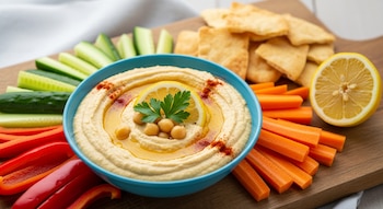 Cuenco de hummus con garbanzos, rodaja de limón y perejil. Bastones de pepino, zanahoria, pimiento rojo, chips de pan pita y medio limón.