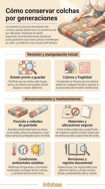 Infografía con título "Cómo conservar colchas por generaciones". Ilustra una mujer doblando una colcha. Presenta seis secciones con íconos sobre cuidado de textiles. Logotipo Infobae.