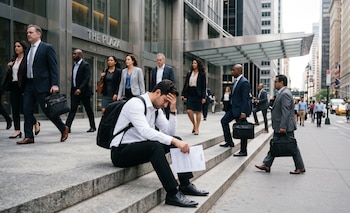 Un hombre joven de barba oscura se sienta en escalones de piedra con la cabeza en la mano, sosteniendo un currículum, mientras profesionales transitan por una calle de ciudad