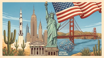 Estatua de la Libertad, bandera de Estados Unidos, Puente Golden Gate, rascacielos, cohete espacial, desierto con cactus, edificio de Wall Street, cerebro de inteligencia artificial.