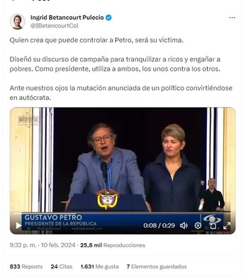 Ingrid Betancourt dice que quien crea que puede "controlar a Petro, será su victima" - crédito @IBetancourtCol