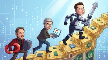 Ilustración digital de caricatura mostrando a Elon Musk, Larry Page y Larry Ellison subiendo una escalera de circuitos dorados sobre un fondo azul claro.