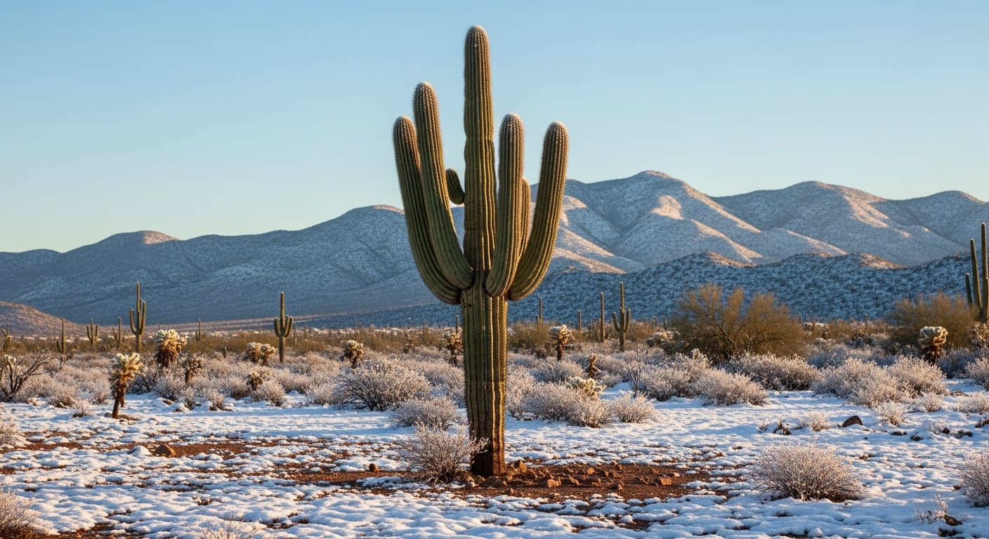 Una rareza: el típico cactus saguaro en un desierto insólitamente cubierto de nieve, durante un inusual invierno en Arizona (Imagen Ilustrativa Infobae)