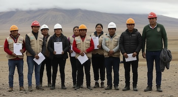 Once personas, hombres y mujeres, posan con documentos en un paisaje árido y montañoso. Algunos llevan chalecos beige y cascos protectores.
