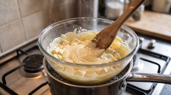 Un recipiente de vidrio con chocolate blanco derretido y una cuchara de madera sobre una olla con agua caliente en una cocina.