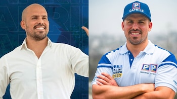 Montaje de dos imágenes de Eduardo Caprile, una en camisa blanca y otra luciendo gorra y polo azul con propaganda electoral