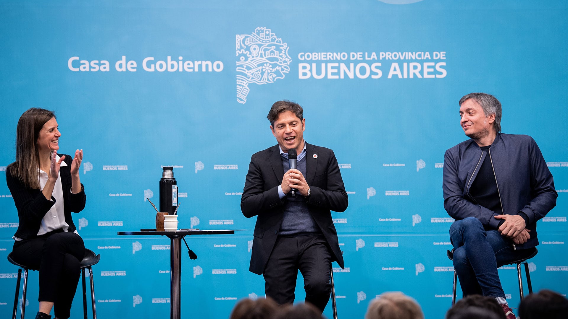 Axel Kicillof junto a Fernanda Raverta y Máximo Kirchner