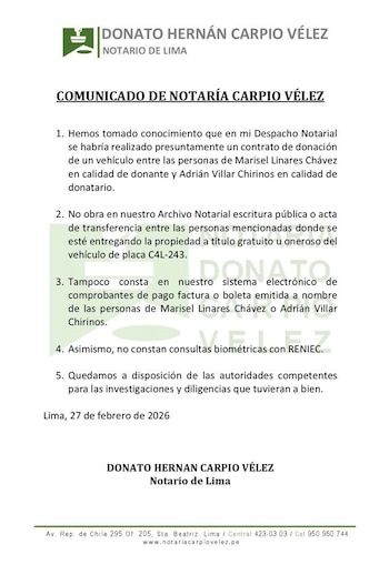 Notaría descarta registro de contrato