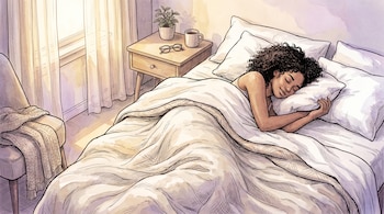 Una mujer joven con cabello rizado oscuro duerme sonriendo en una cama con sábanas blancas, junto a una mesita de noche con gafas y una planta.