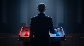 Imagen desde atrás de un hombre con traje oscuro parado frente a un podio con dos palancas iluminadas, una roja y otra azul, listo para interactuar.