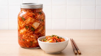 Un tarro grande de kimchi de repollo napa rojizo y un cuenco pequeño con kimchi servido, junto a unos palillos de madera sobre una mesa clara.