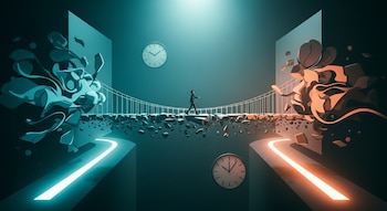 Ilustración abstracta de una persona caminando sobre un puente fragmentado. Dos paredes, una azul petróleo y otra naranja, con relojes. Senderos luminosos divergen en el suelo.