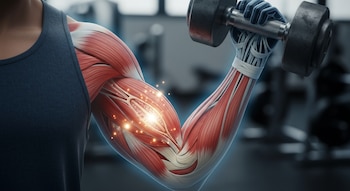 Brazo levantando una pesa con el bíceps mostrando tejido muscular interno, brillo, mano sujetando la pesa, camiseta sin mangas y fondo de gimnasio.