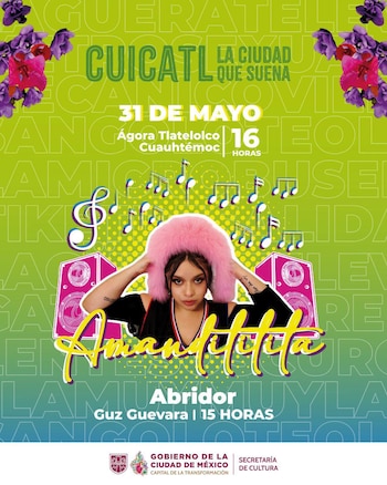 Póster verde de concierto con una mujer de sombrero rosa, altavoces y notas musicales. Incluye nombres de artistas, fecha, lugar y logos del Gobierno de la Ciudad de México y Cultura
