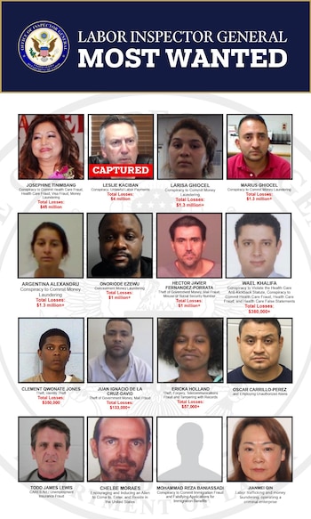 Cartel con texto en inglés y dieciséis retratos en cuadrícula acompañados por nombres de personas, cargos penales y cifras monetarias