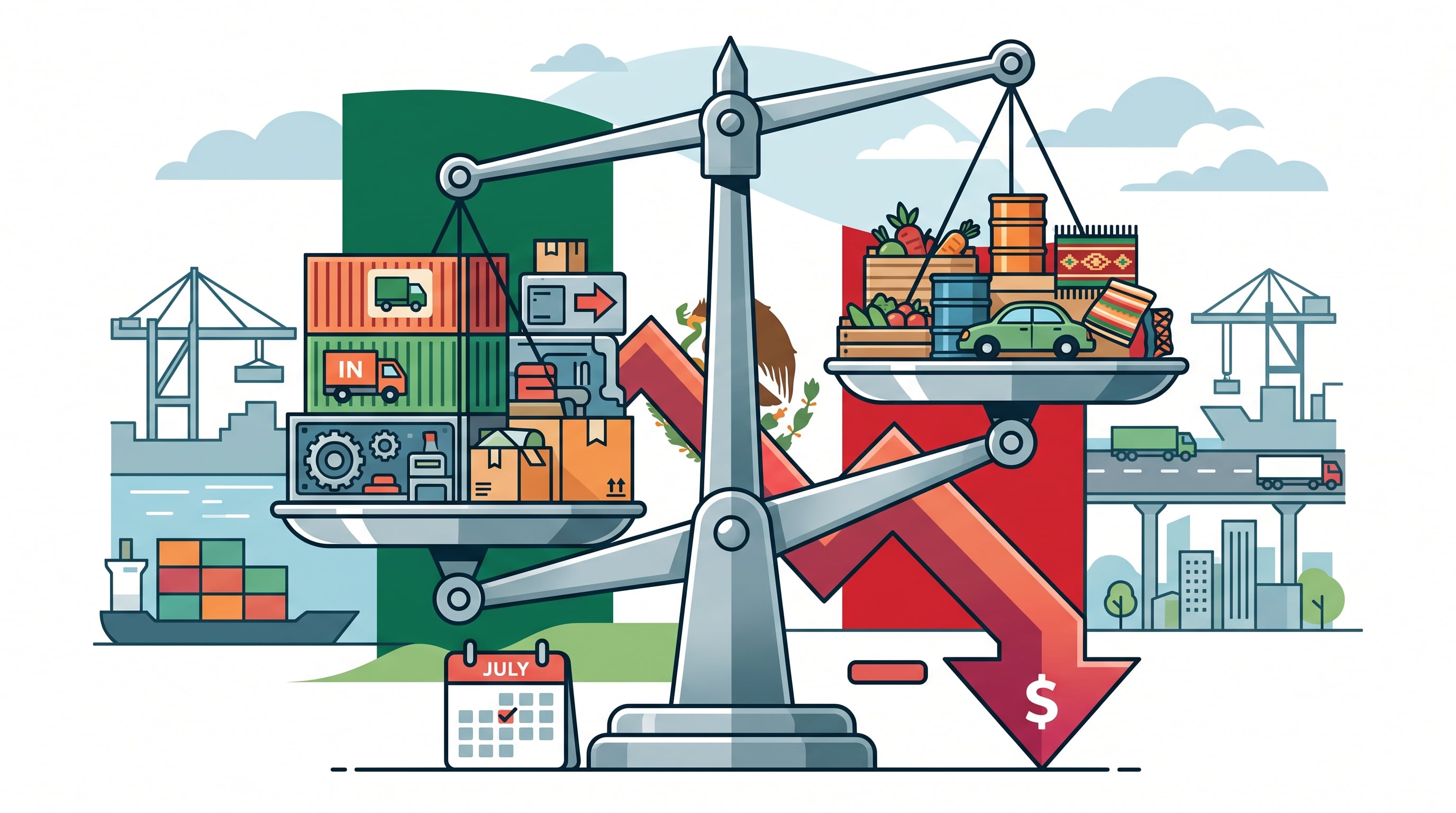 Una balanza comercial con productos de importación y exportación ante la bandera mexicana ilustra el déficit de 848 millones de dólares registrado en julio. (Imagen Ilustrativa Infobae)