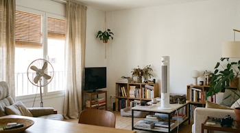 Salón con paredes blancas, dos ventiladores (uno de pie, uno de torre), un gato durmiendo, estanterías con libros, un sofá, una televisión y plantas.
