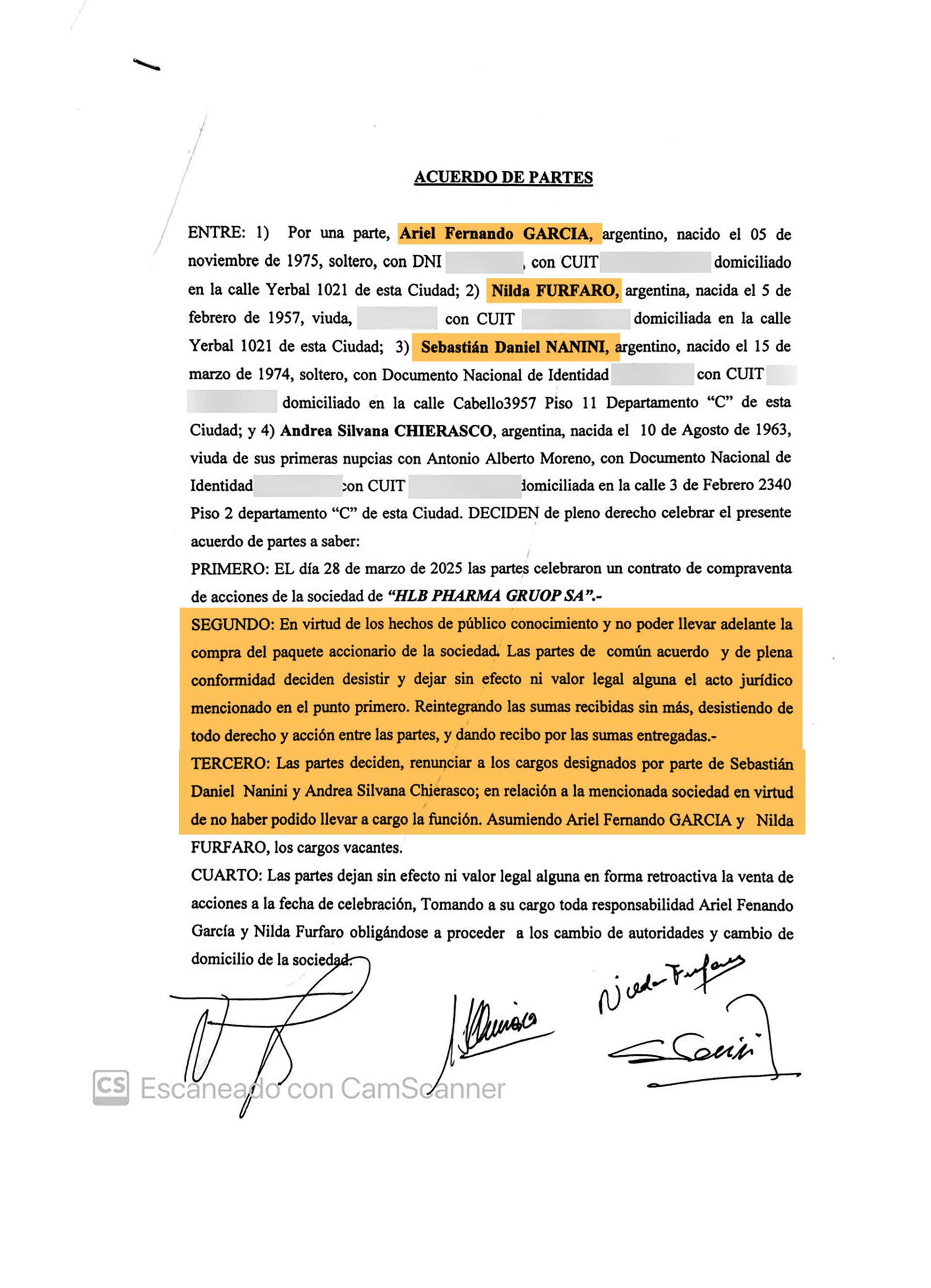 El documento privado en el que Sebastían Nanini renuncia a la compra de HLB Pharma y Ariel García y su madre aparecen como responsables de la empresa