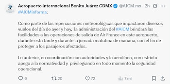 Un mensaje publicado en red social por la cuenta oficial del Aeropuerto Internacional Benito Juárez de la Ciudad de México sobre Air France
