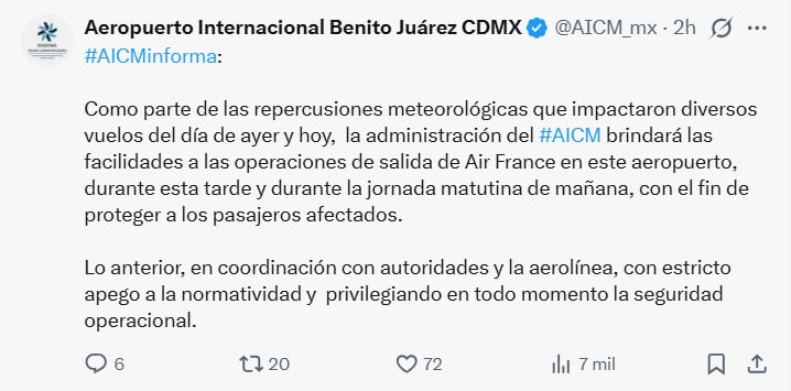 La administración del Aeropuerto Internacional de la Ciudad de México facilitará las salidas de Air France para atender a pasajeros afectados por problemas meteorológicos. (X: AICM)