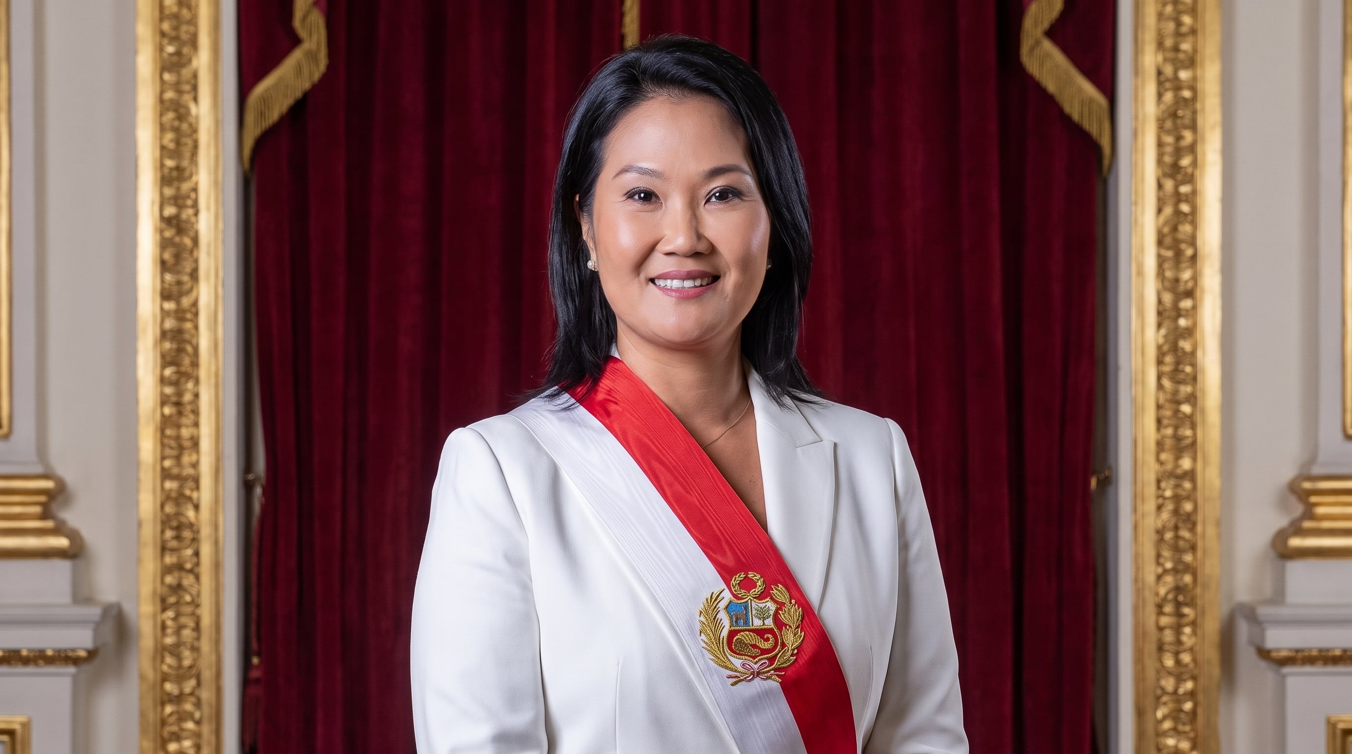 Keiko Fujimori posa con la banda presidencial de Perú y el escudo nacional ante un telón rojo, dentro del Congreso. (Imagen Ilustrativa Infobae)