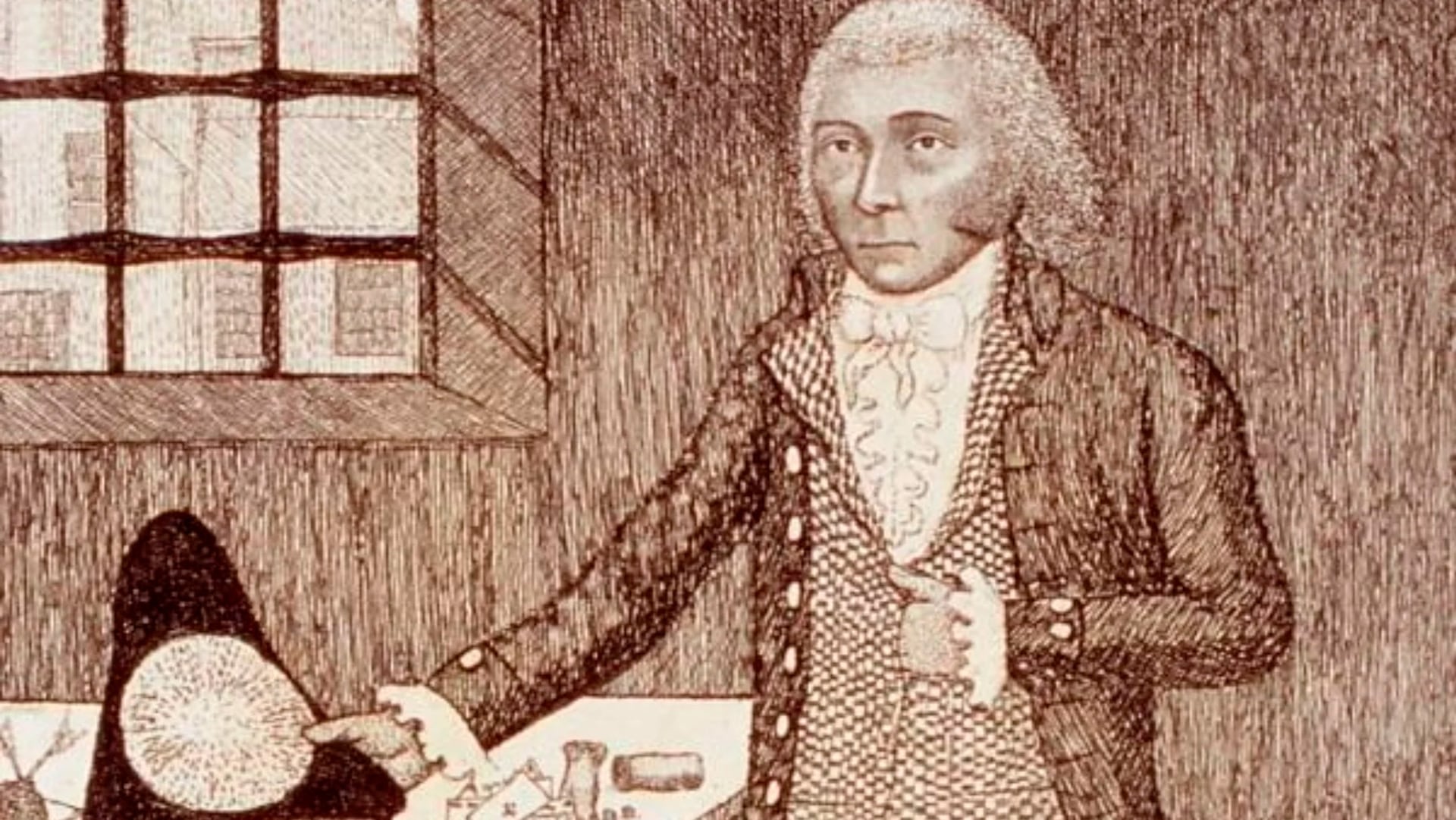 Un grabado de época retrata al ebanista y concejal escocés William Brodie con vestimenta del siglo XVIII junto a una ventana.