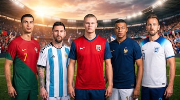 Cinco futbolistas posan con sus uniformes de selección: Cristiano Ronaldo, Lionel Messi, Erling Haaland, Kylian Mbappé y Harry Kane. De fondo, un estadio de fútbol lleno y con luces.