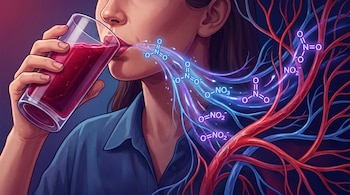 Una persona bebe jugo de remolacha de un vaso. Moléculas luminosas de nitrato y nitrito emergen de su boca y se dirigen a vasos sanguíneos.