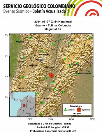 Temblor en Tolima el 27 de mayo. (Crédito: @sgcol / X)