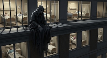Edificio hospitalario con pacientes en camas dentro de habitaciones iluminadas. Una figura encapuchada con ropas oscuras se sienta en la cornisa.